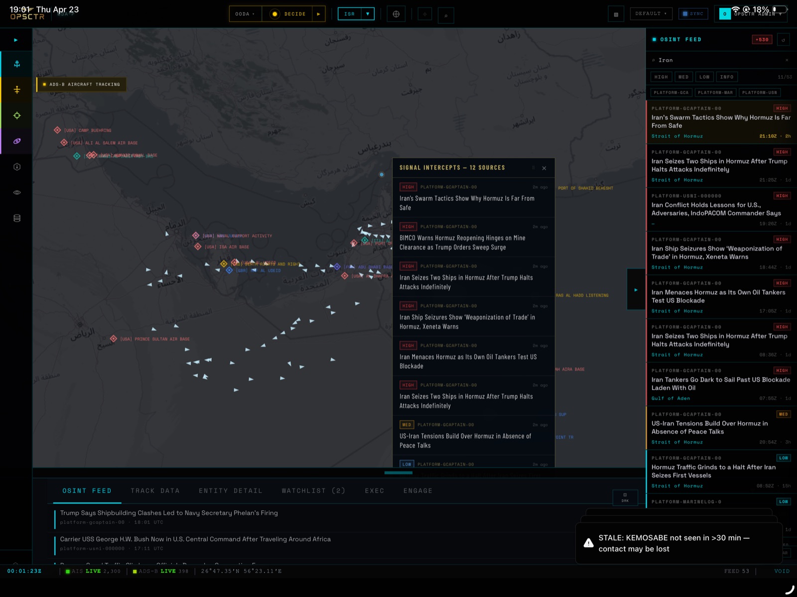 OPSCTR Strait of Hormuz live watch — ADS-B and AIS with signal intercepts