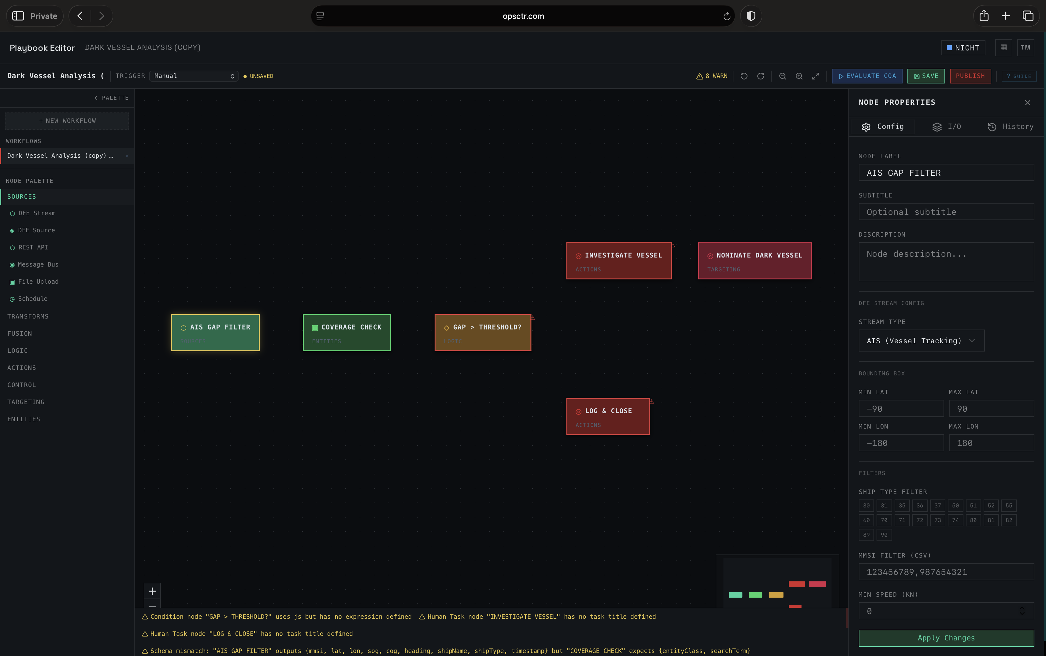 OPSCTR Playbook Editor — Dark Vessel Analysis workflow with typed nodes, logic gates, targeting actions, and build-time schema validation