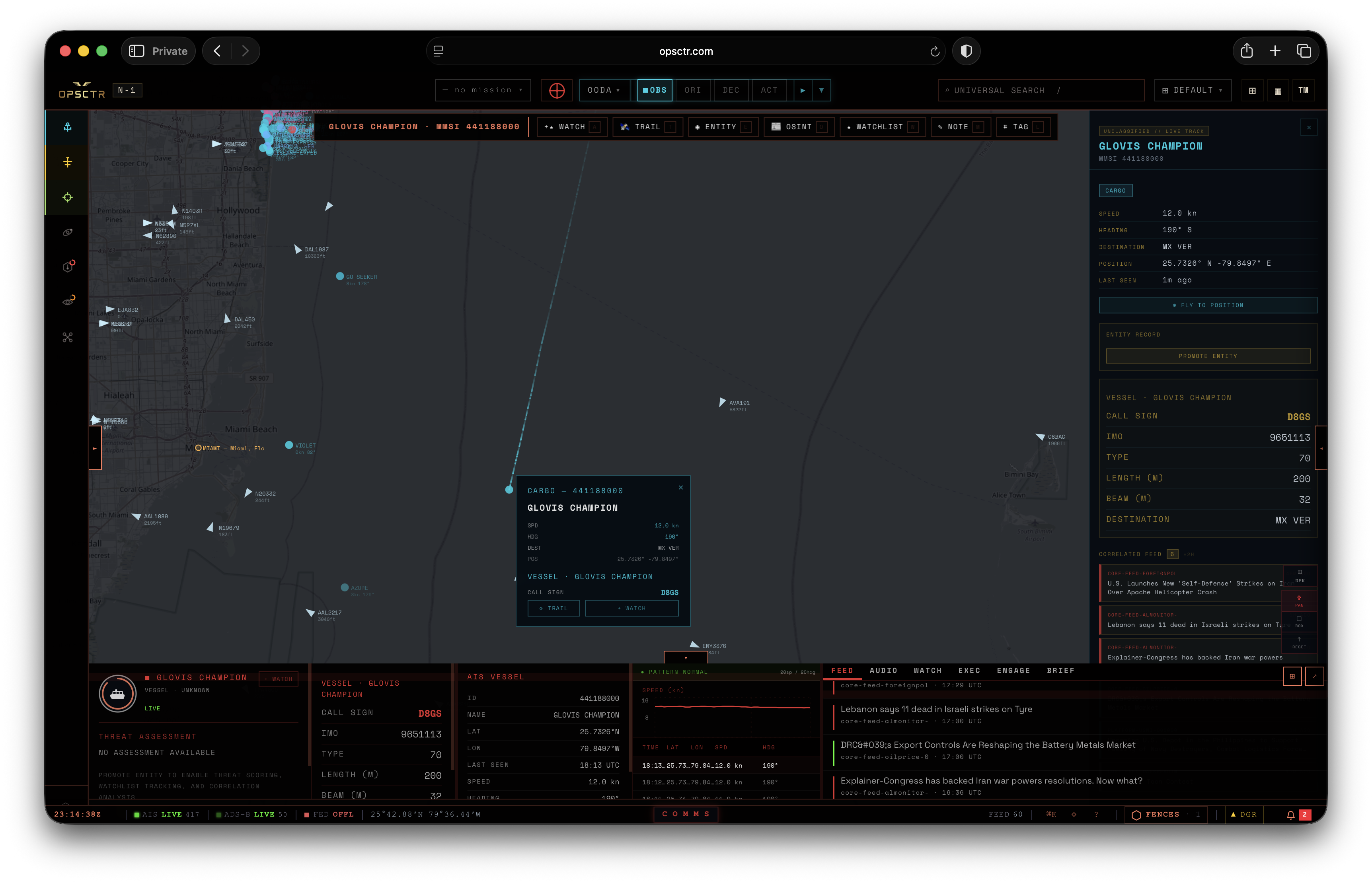 OPSCTR live multi-domain operating picture — air and maritime tracks over South Florida with a selected vessel and a correlated open-source feed