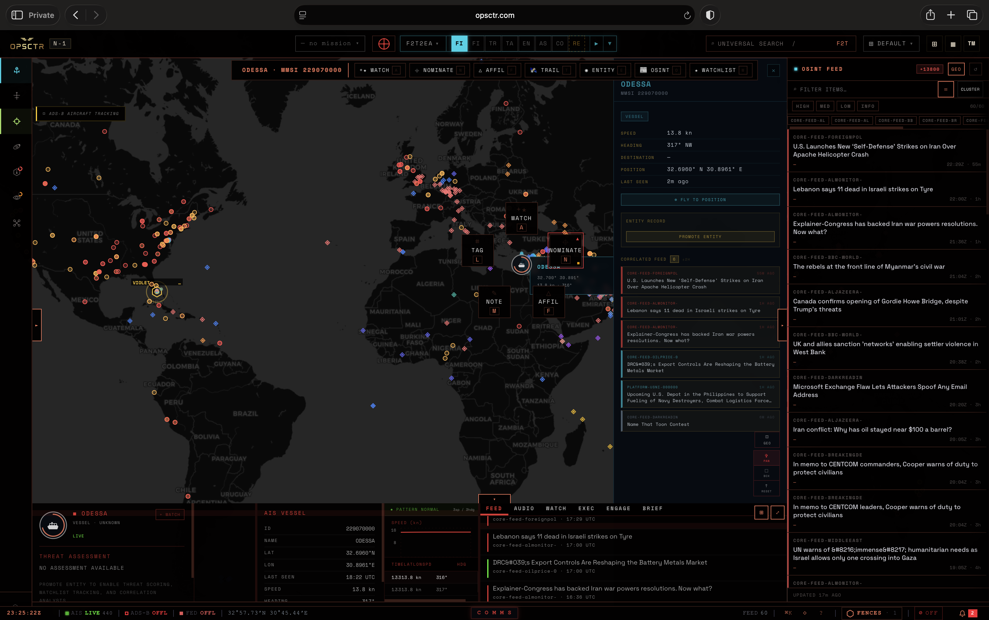 OPSCTR global operating picture with an open-source intelligence feed correlated to a selected vessel