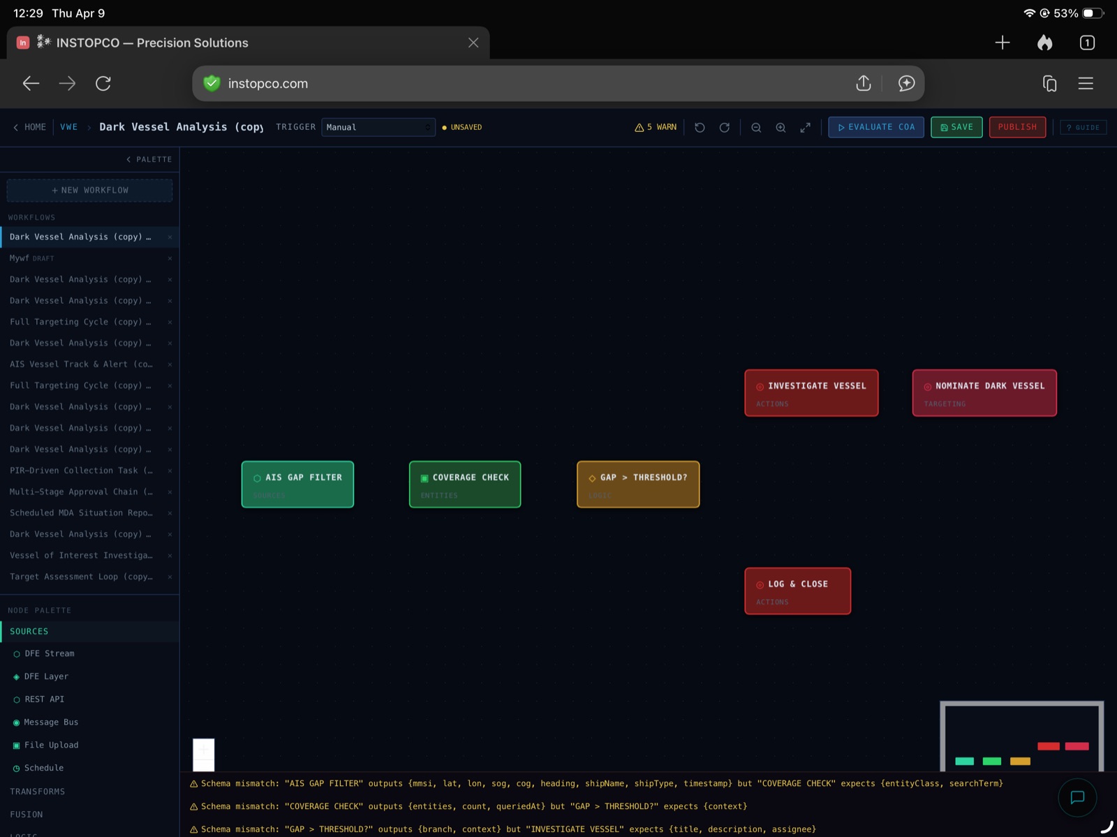 OPSCTR workflow builder — dark vessel analysis with schema validation